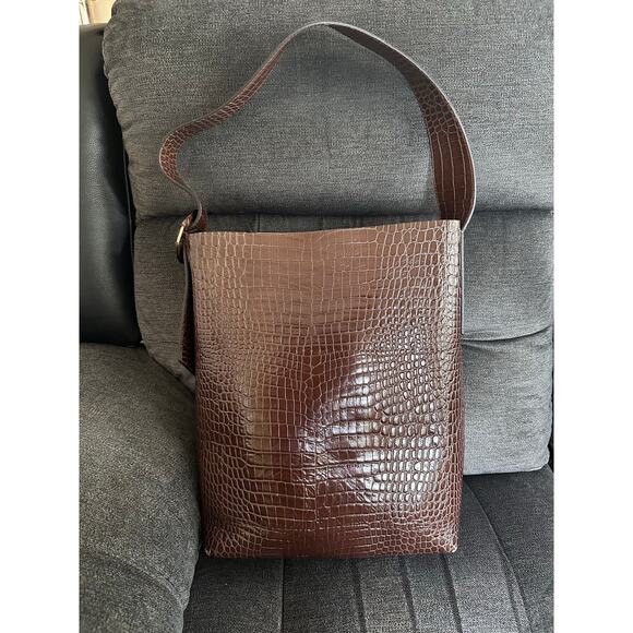 Banana Republic Vida Bag Croc Embossed Leather Shoulder Tote Brown Oversized - Picture 10 of 15